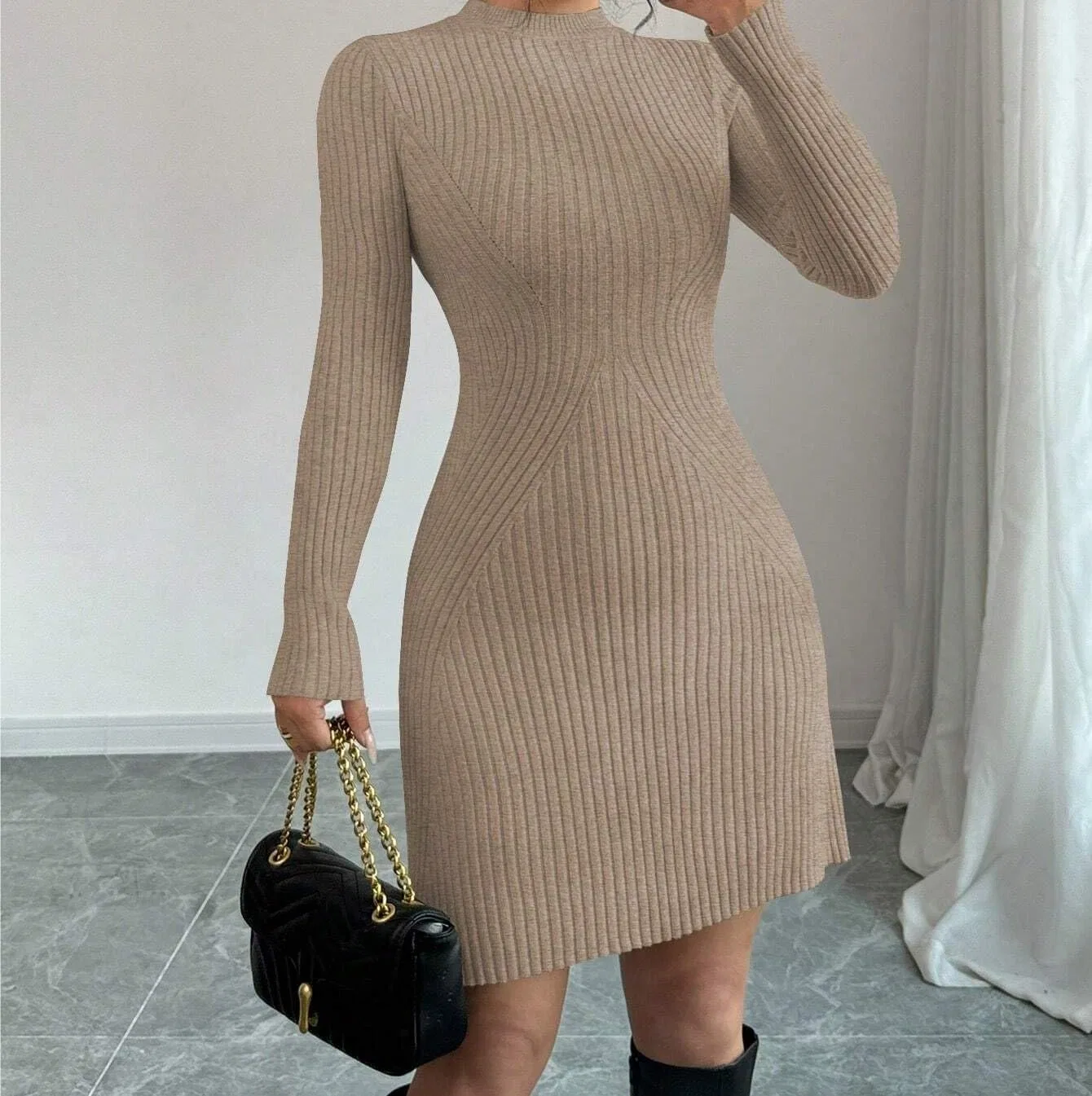 Женское облегающее платье с длинным рукавом Claiyi, Camel — фото 2