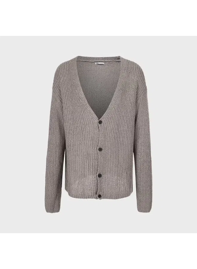Кардиган свободного кроя с длинным рукавом и V-образным вырезом Zara, серый — фото 2