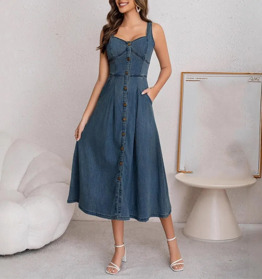 Женское джинсовое платье миди с поясом Vintage Casual, Blue — фото 3