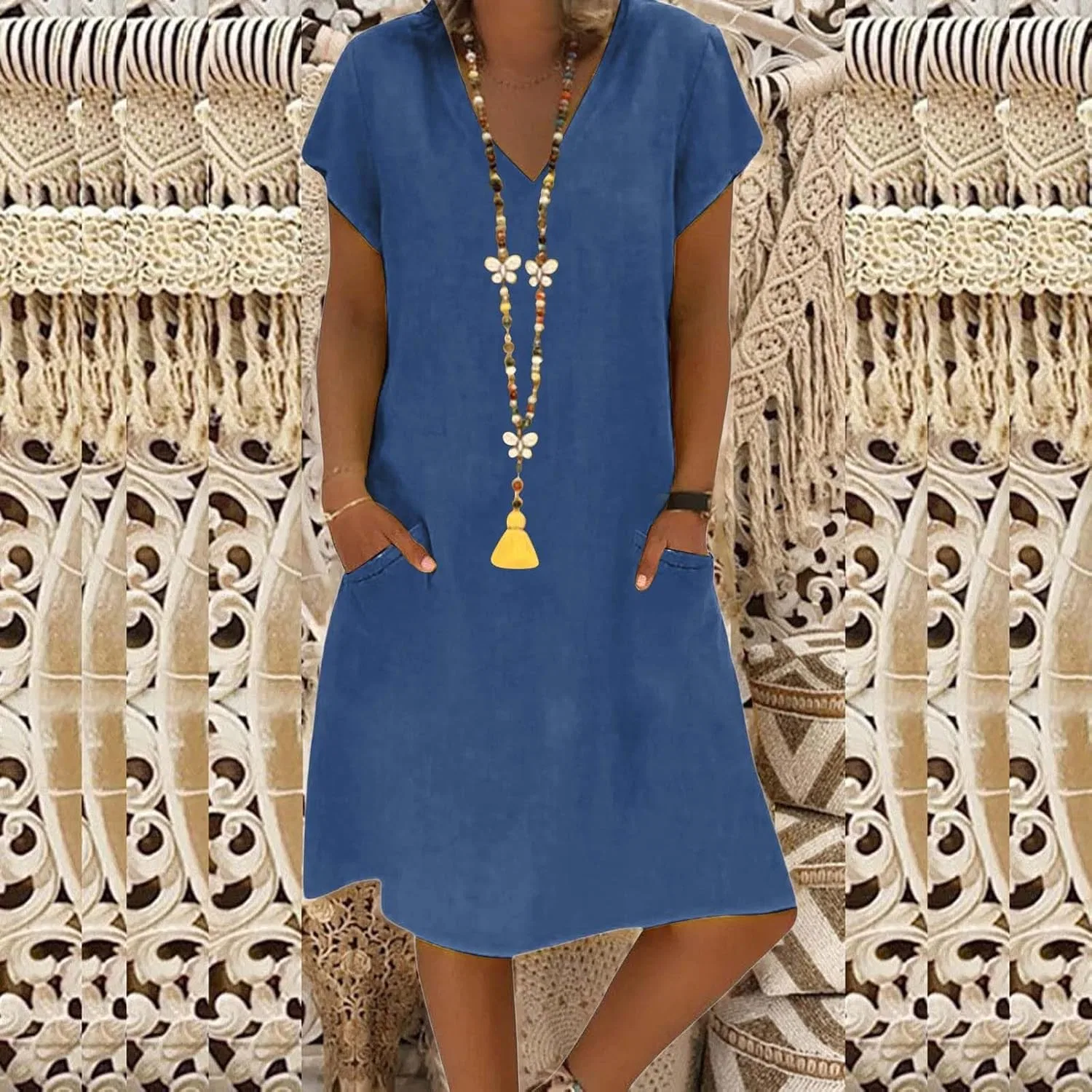 Женское платье миди V-образным вырезом Cotton Linen, Blue — фото 3