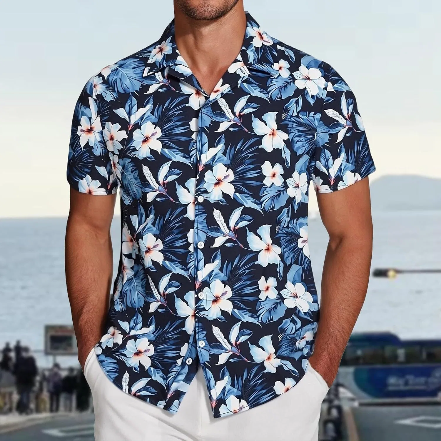Мужская рубашка с коротким рукавом, с принтом, Hawaiian Shirt, тёмно-синий — фото 2