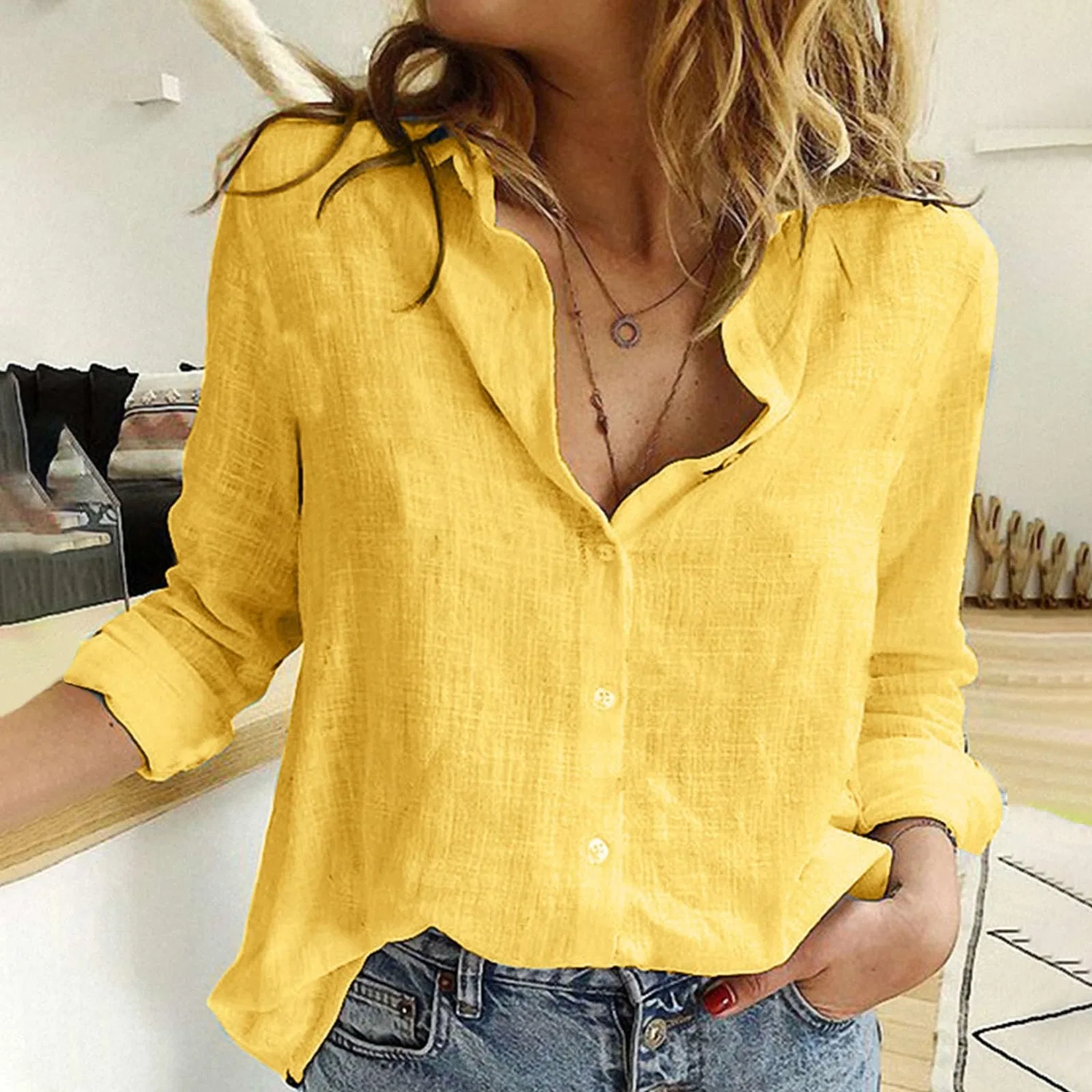 Женская льняная блузка с длинным рукавом V-образным вырезом, Yellow — фото 2