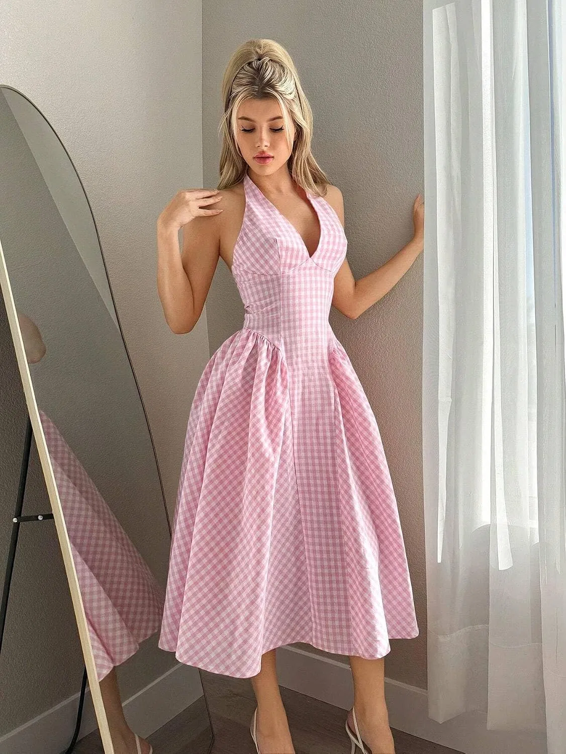 Женское A-силуэта платье миди с открытой спиной, Pink — фото 4