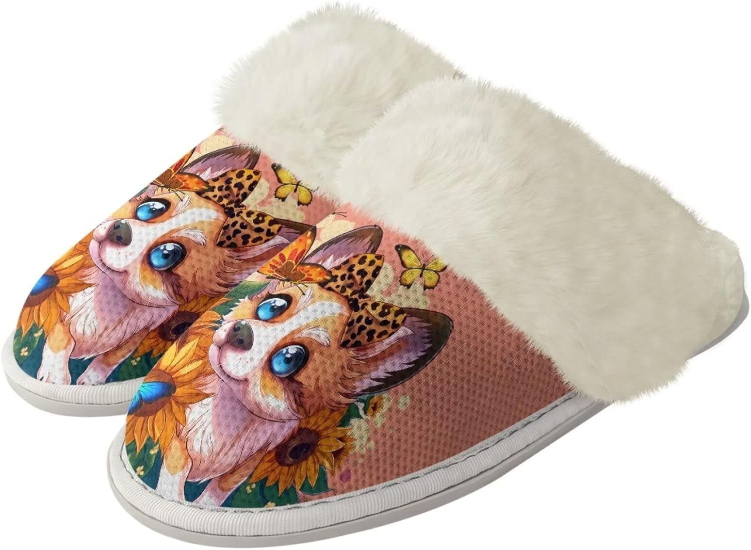 

Домашние тапочки для мужчин и женщин, мягкие, теплые, пушистые, с закрытым носком и противоскользящей подошвой, унисекс, повседневные, для дома, спальни Watdotory, Sunflower Butterfly Corgi Dog