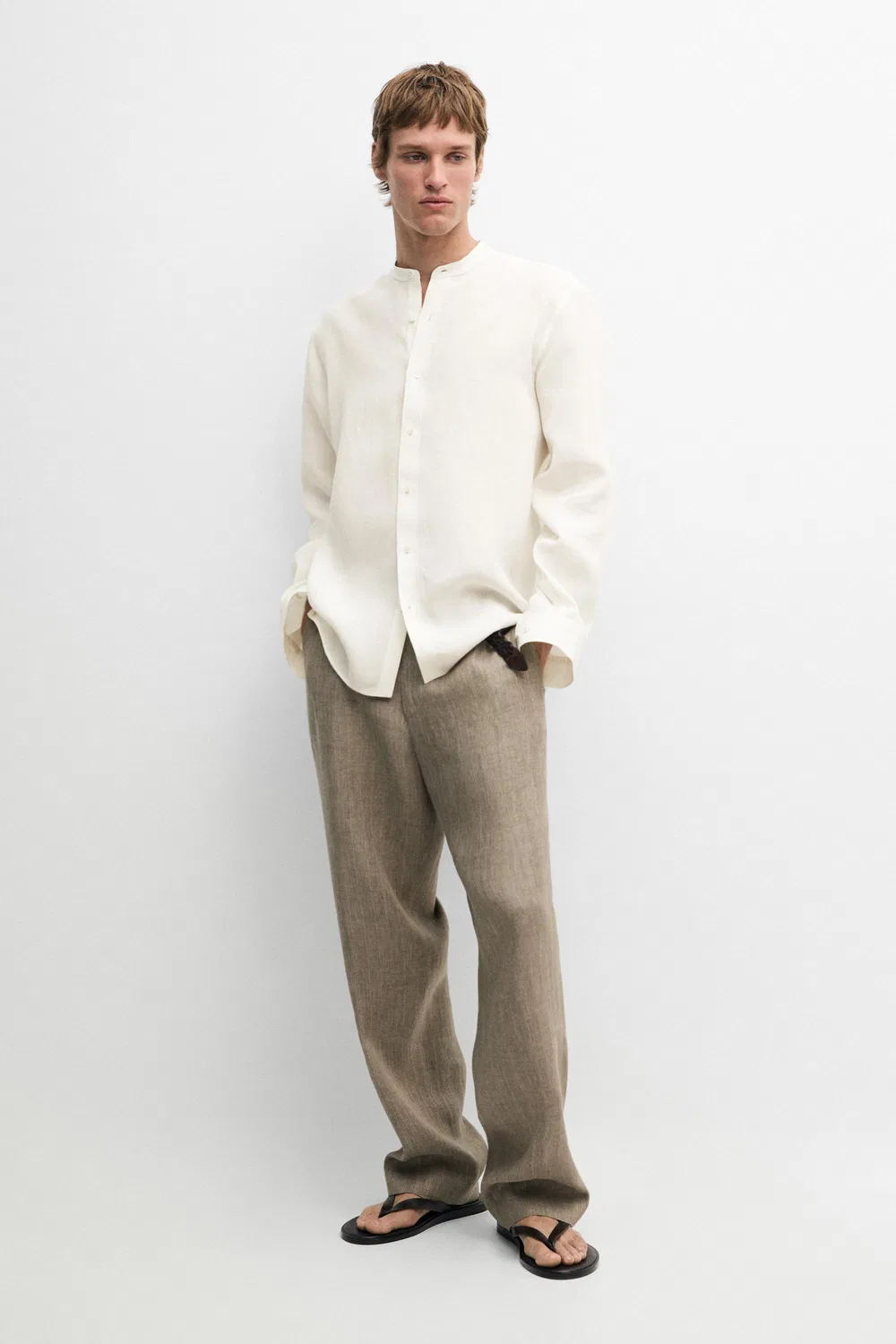 Рубашка из 100% льна, прямого кроя, со стоячим воротником Massimo Dutti, кремовый