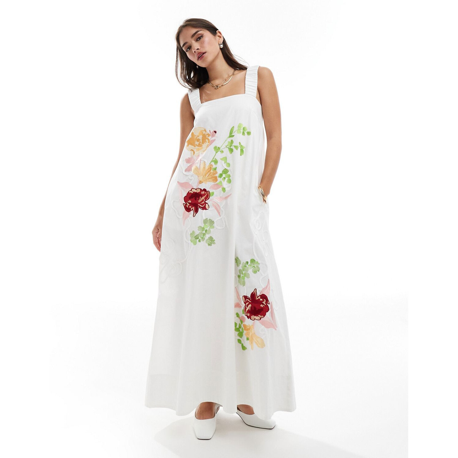 

Платье Asos Edition Embroidered Floral Square Neck Midi, белый