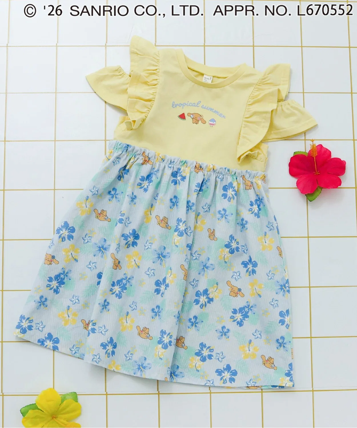 Детское платье для девочек с принтом Sanrio Characters Off-Shoulder Tropical Sanrio, Yellow