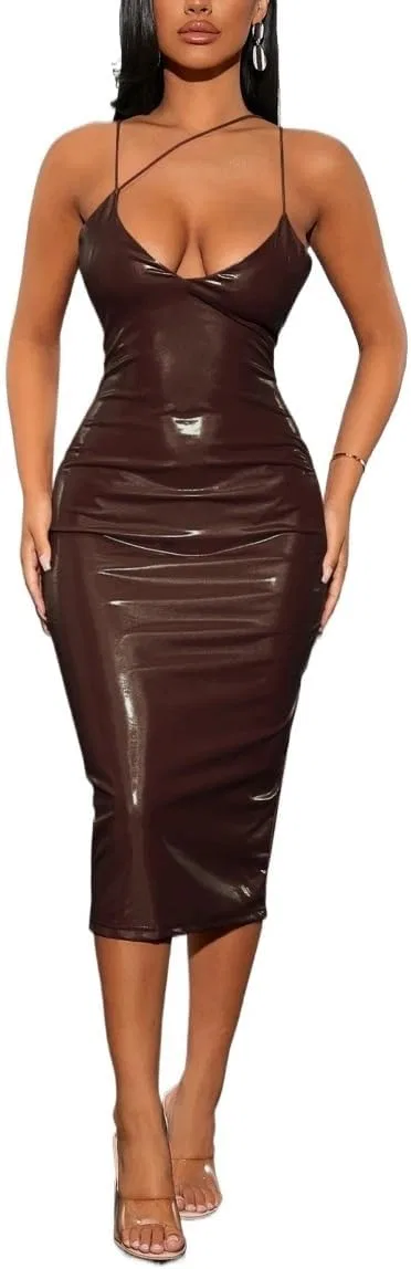 Женское облегающее платье-миди на бретелях PU Leather, Brown