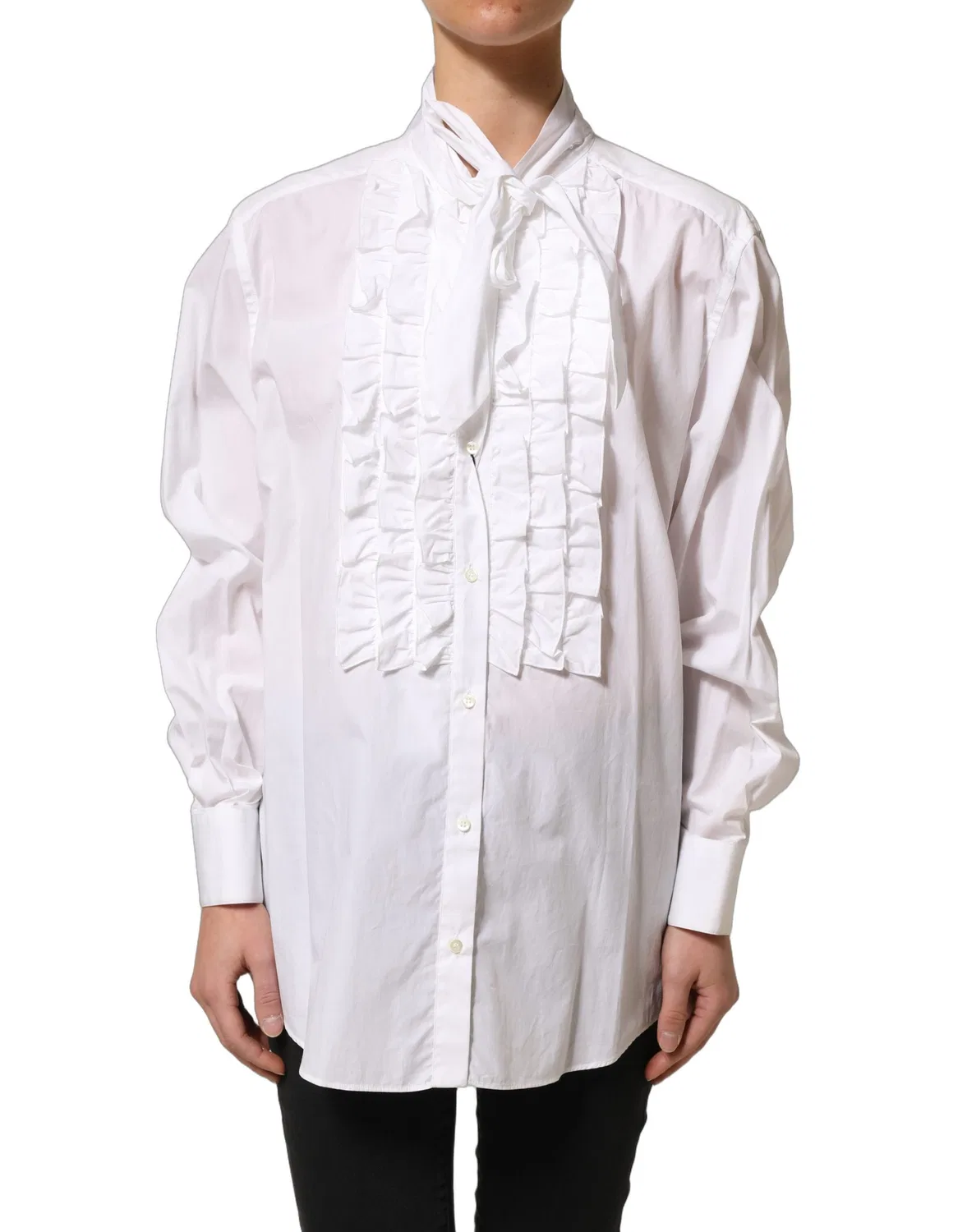 Женская блузка с длинным рукавом и рюшами White Ruffled Bib Long Sleeves Blouse Top Dolce & Gabbana, White — фото 3