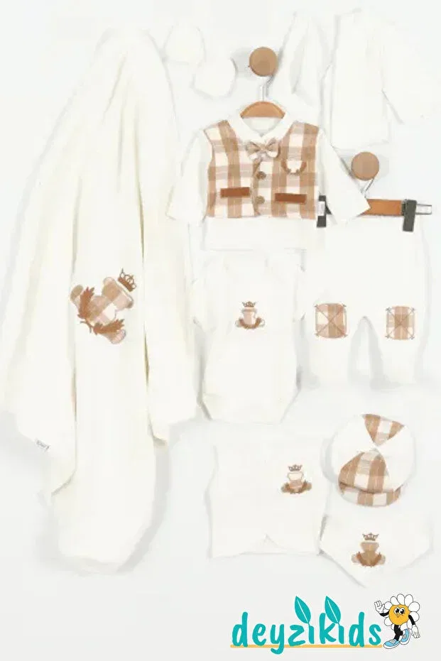 Детский комплект одежды для новорожденных хлопковый Crowned teddy bear and bow tie embroidered Deyzikids, Brown — фото 2