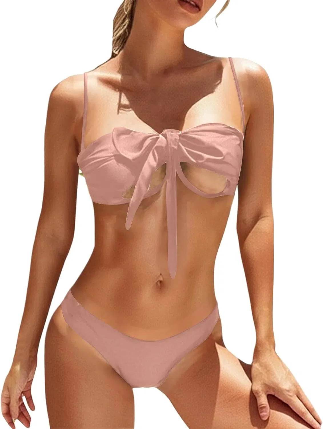 Женский бикини-сет с V-образным вырезом и завязками, Light Pink — фото 2
