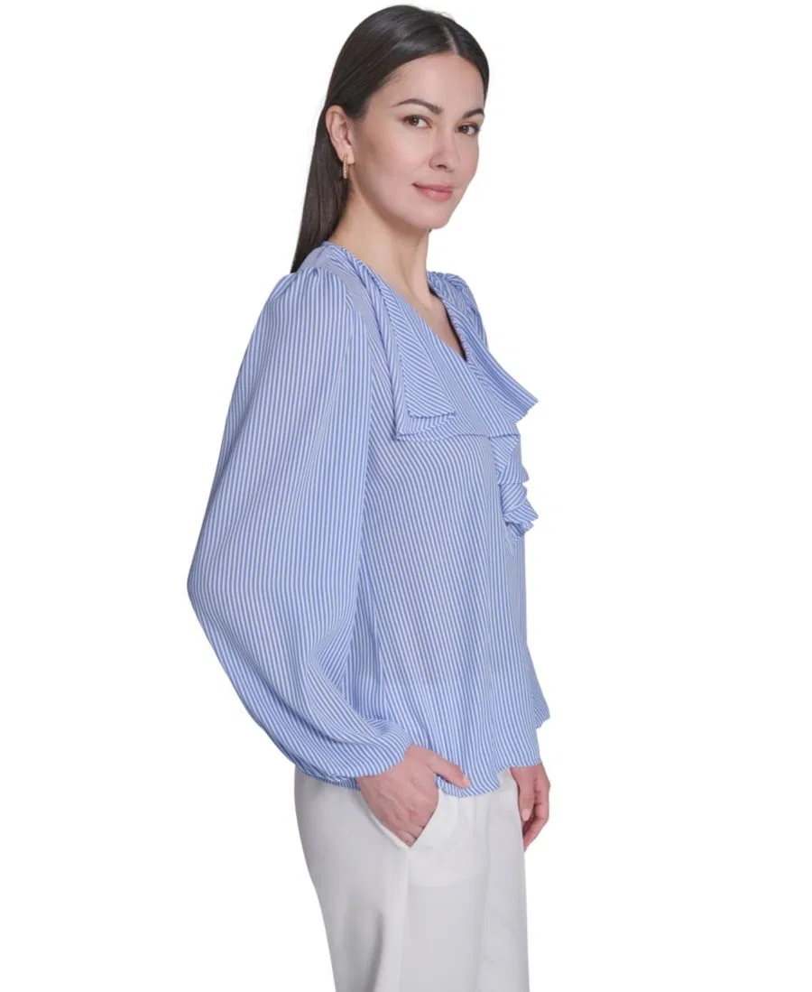 Блуза с V-образным вырезом, с рюшами и длинным рукавом Tommy Hilfiger, French Blue/Ivory — фото 3
