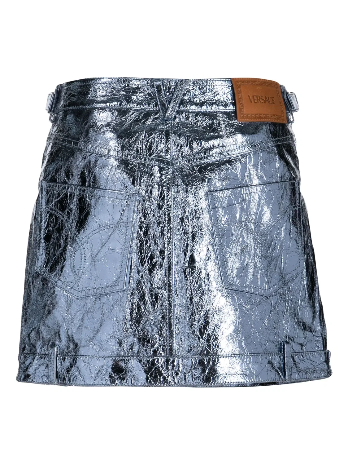 Металлическая мини-юбка из кожи Versace, синий — фото 2