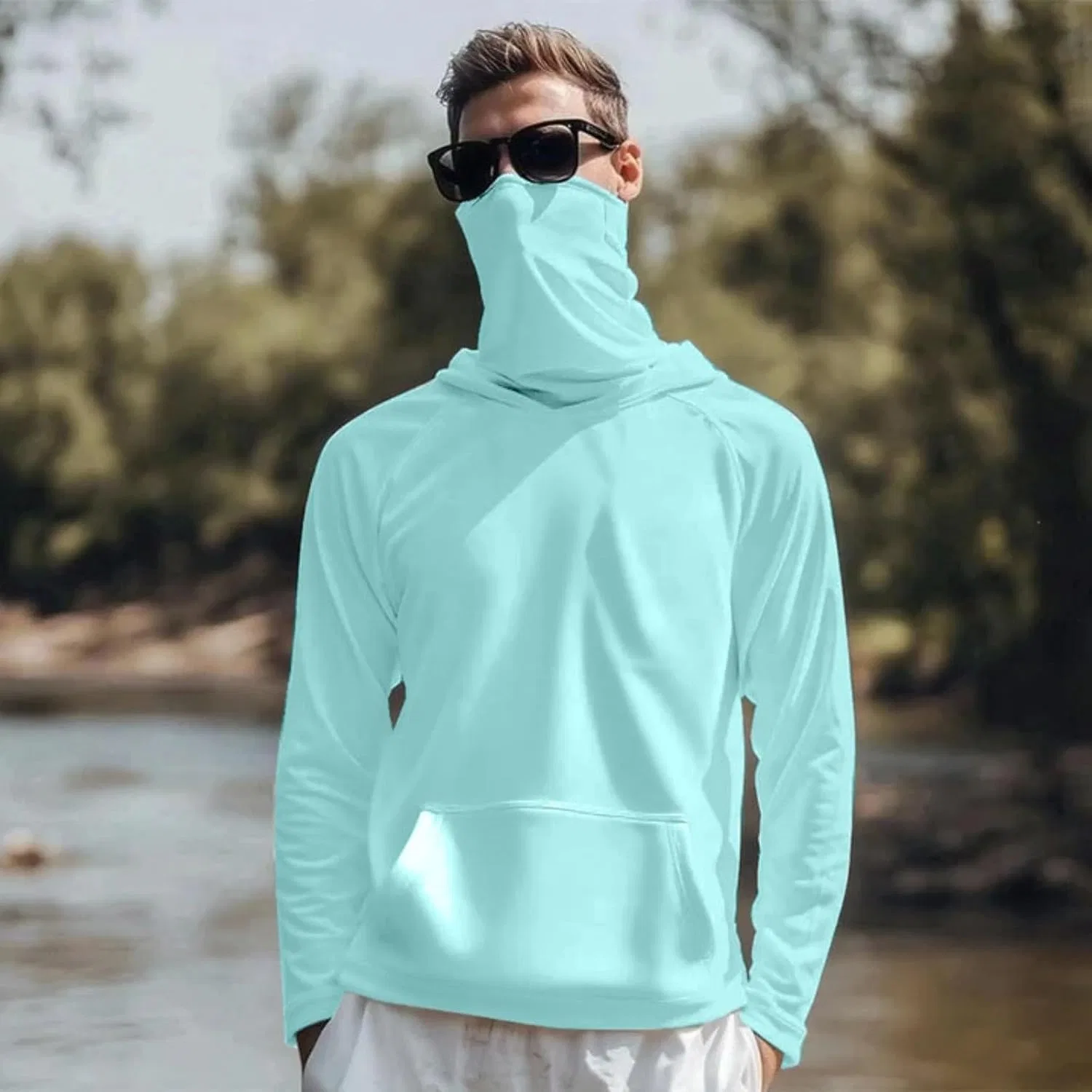 Мужская футболка с защитой от солнца UPF 50+ с маской, Light Blue — фото 2