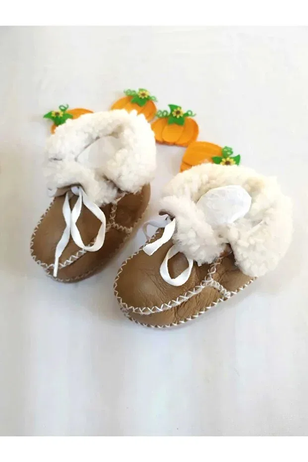 Детские пинетки из натуральной кожи с моделью Organic genuine lambskin baby booties slippers baby boots baby shoes Minibiri, Brown