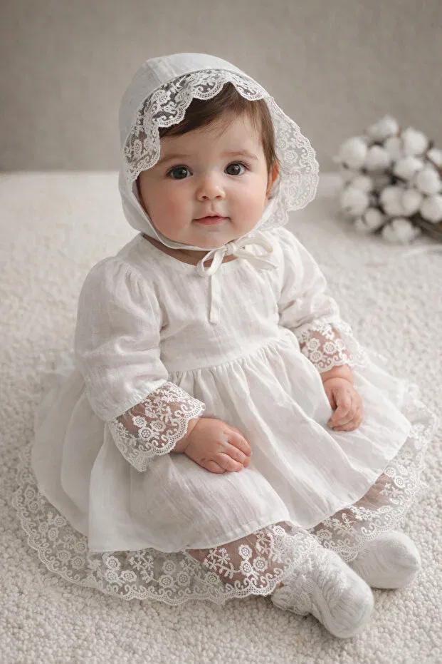 Детский комплект платьев с кружевом Organic Muslin Fabric Lace Detailed Biya Baby, Ecru