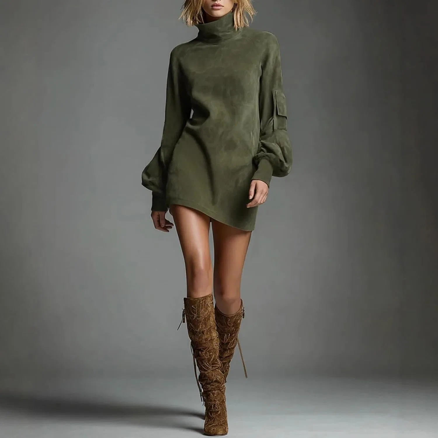 Женское платье-рубашка вестерн мини из вельвета с поясом, Army Green — фото 2