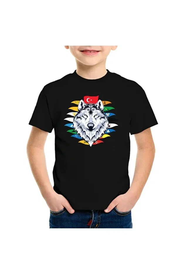 Детская футболка для мальчиков с принтом Wolf Turkish State Flags Alfa Giyim Tasarım, Black