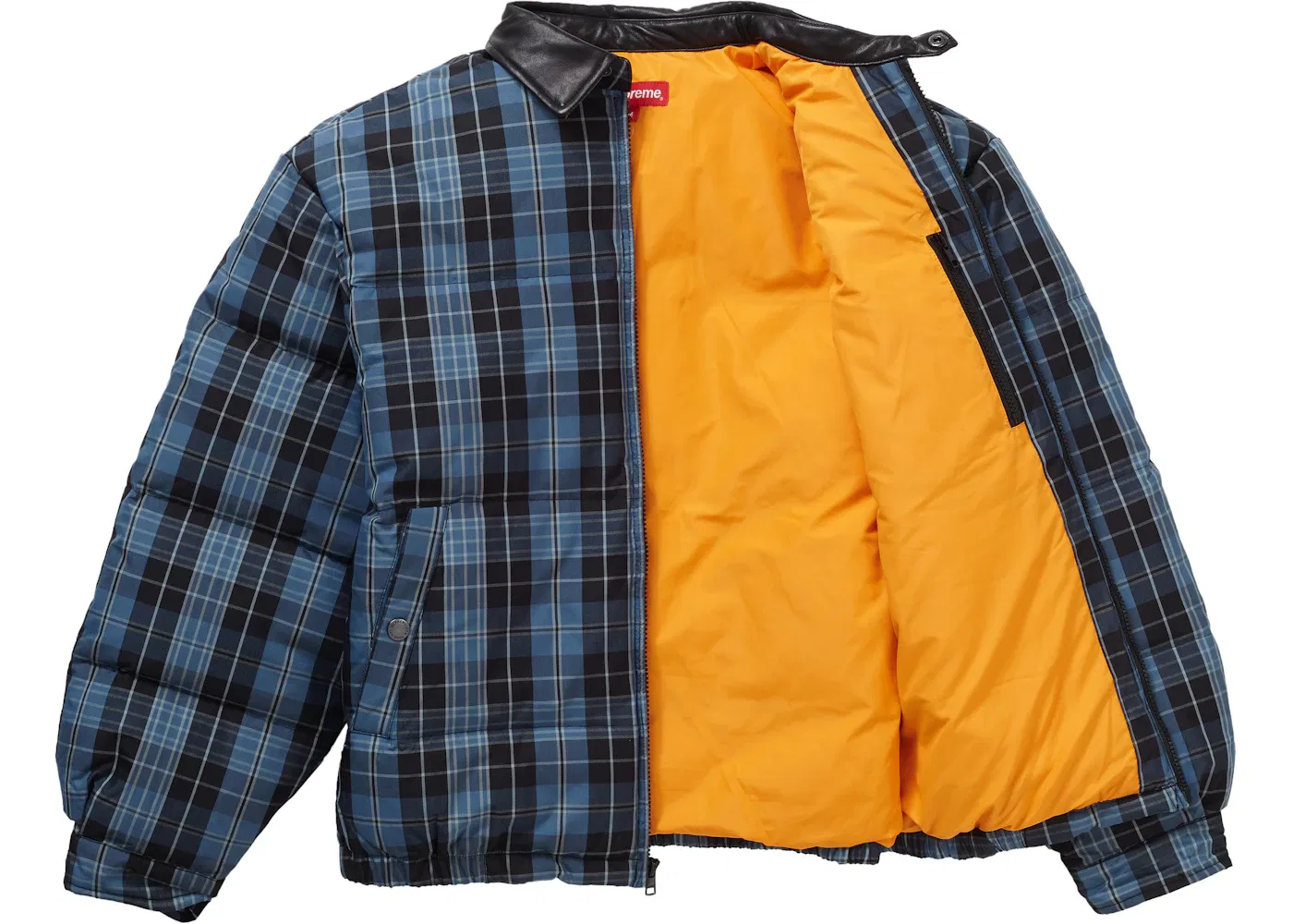 Мужская пуховая куртка Supreme Leather Collar Puffy Jacket, Blue Plaid — фото 2