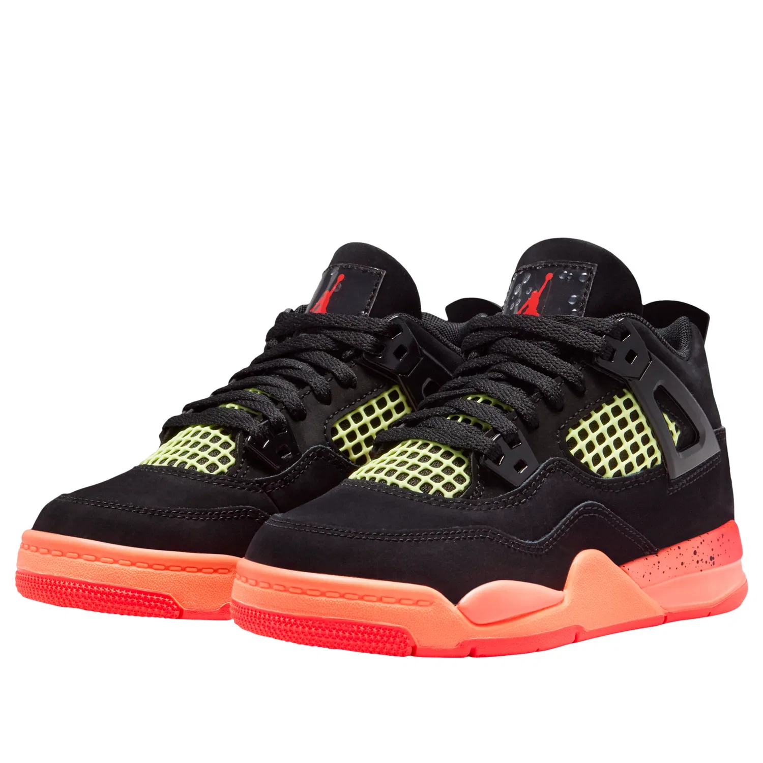 Детские кроссовки с кожаным верхом Air Jordan 4 Retro 'Black Infrared Barely Volt' Jordan, Black/Bright Mango/Barely Volt/Infrared — фото 4