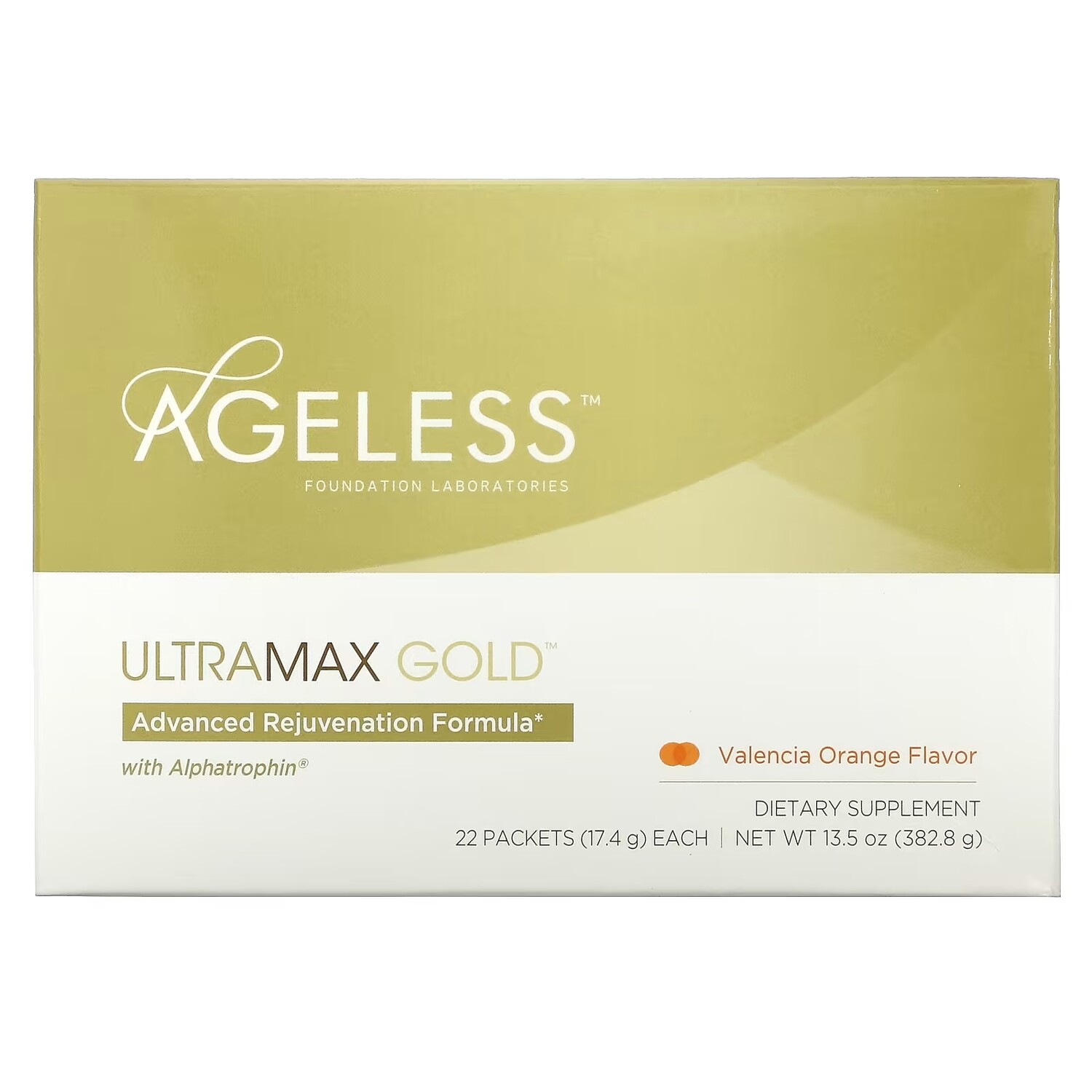 

Ageless Foundation Laboratories UltraMax Gold улучшенная формула омоложения с альфатрофином со вкусом апельсина, 22 пакетика