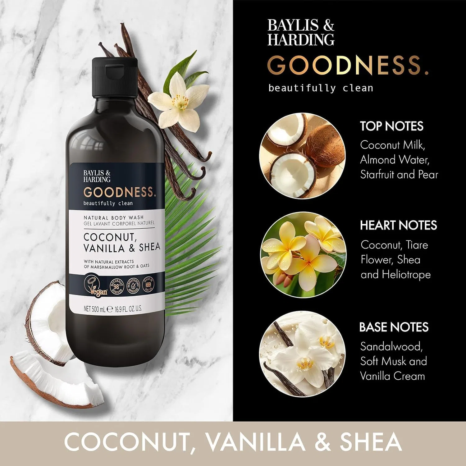 Гель для душа Coconut, Vanilla & Shea, Baylis & Harding, набор 3 шт., 500 мл — фото 2