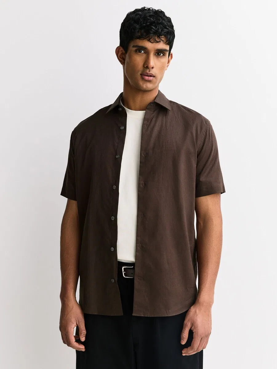 Рубашка Next Regular fit Button Up Shirt 'N. Premium' темно-коричневого цвета — фото 4