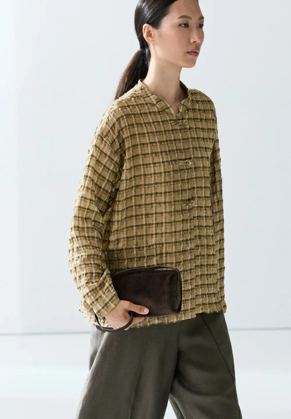Свободная клетчатая рубашка - блузка на пуговицах Massimo Dutti, Mustard Yellow