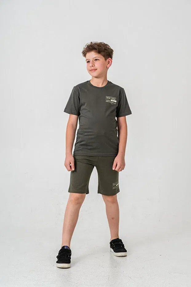 Детский комплект для мальчиков с принтом New York City Printed Boys Shorts - T-shirt Set Mışıl Kids, Khaki — фото 2