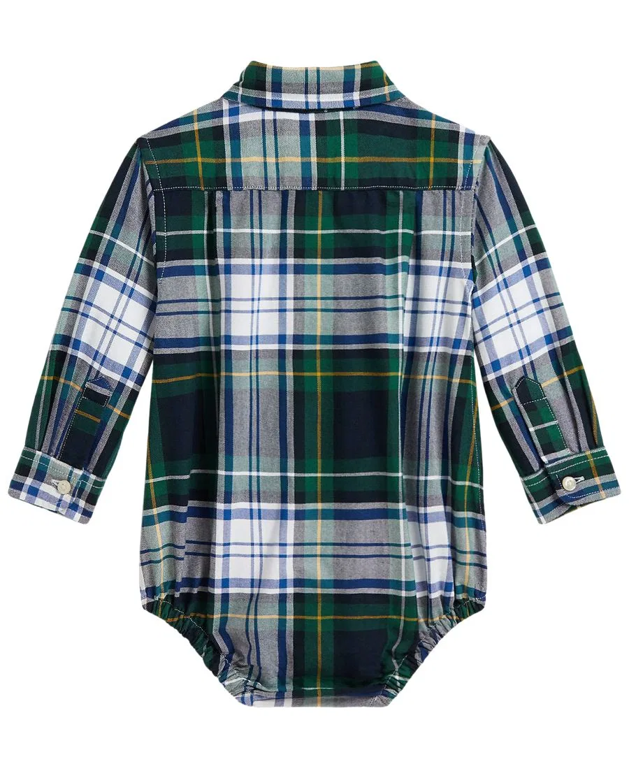 Боди для младенца из хлопковой оксфордской ткани в клетку Polo Ralph Lauren, White Green Multi — фото 2