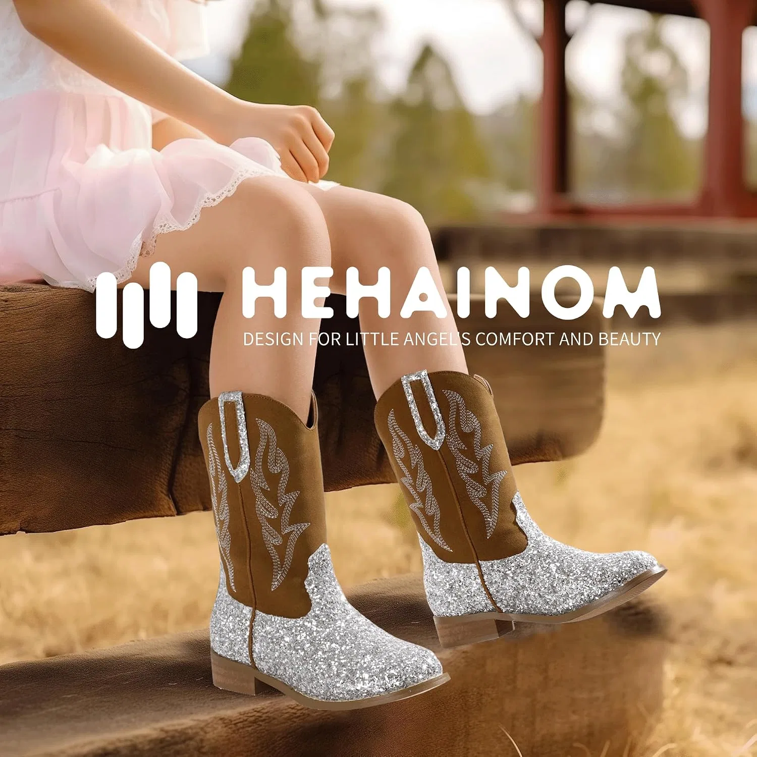 Детские сапоги для девочек с вышивкой Cowgirl Boots Hehainom, Silversequin — фото 2