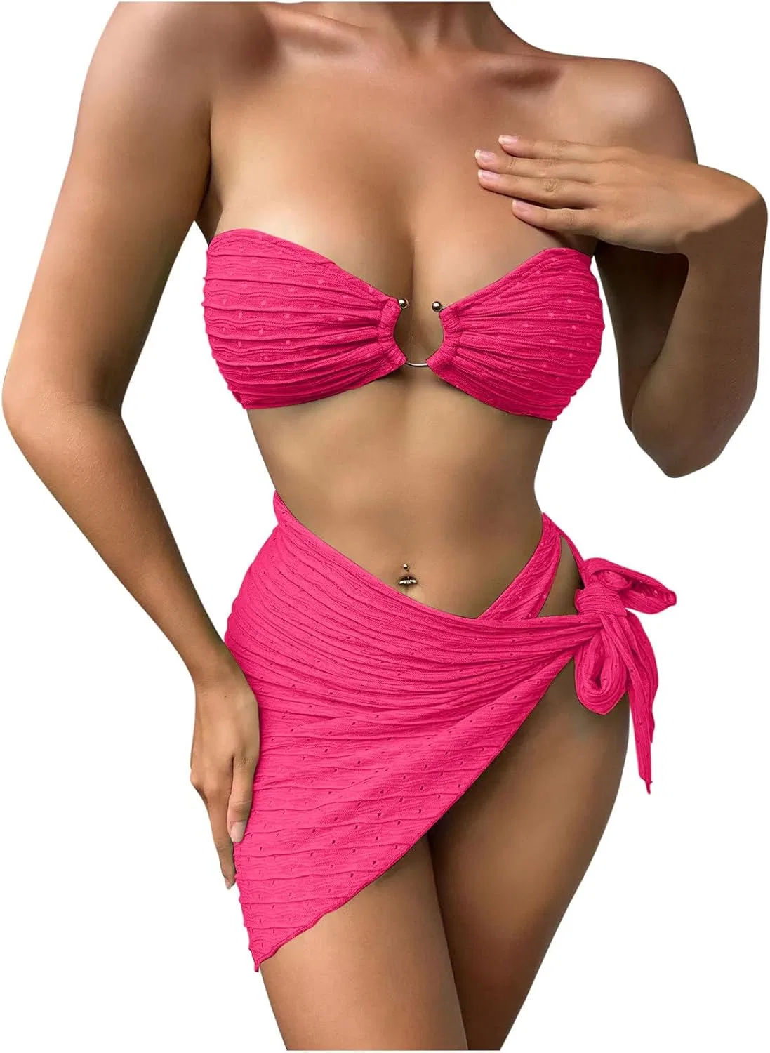 Женский купальный костюм бандо 3 предмета с накидкой, Hot Pink