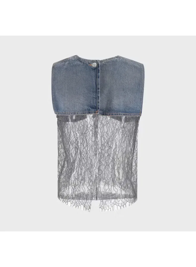 Топ джинсовый без рукавов с кружевной отделкой Zara, серо-синий — фото 3