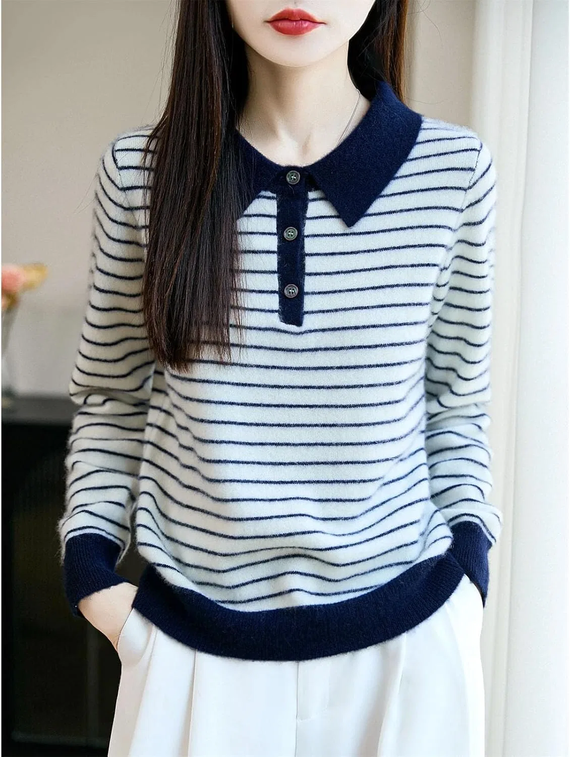 Женский пуловер с отложным воротником, полосатый, Merino Wool Sweater Polo Shirt Collar Striped Pullover, красный — фото 4