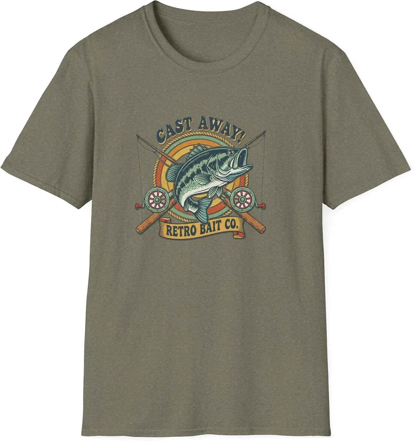 Мужская футболка с принтом Cast Away! Retro Bait Co, Heather Military Green