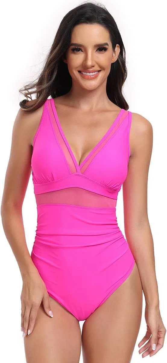Женский цельный купальник с глубоким V-вырезом Retro Mesh, Rose