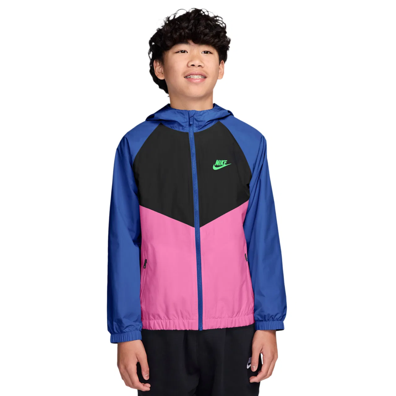 Детская куртка для мальчиков с капюшоном Windrunner Nike, Black/Game Royal/Playful Pink