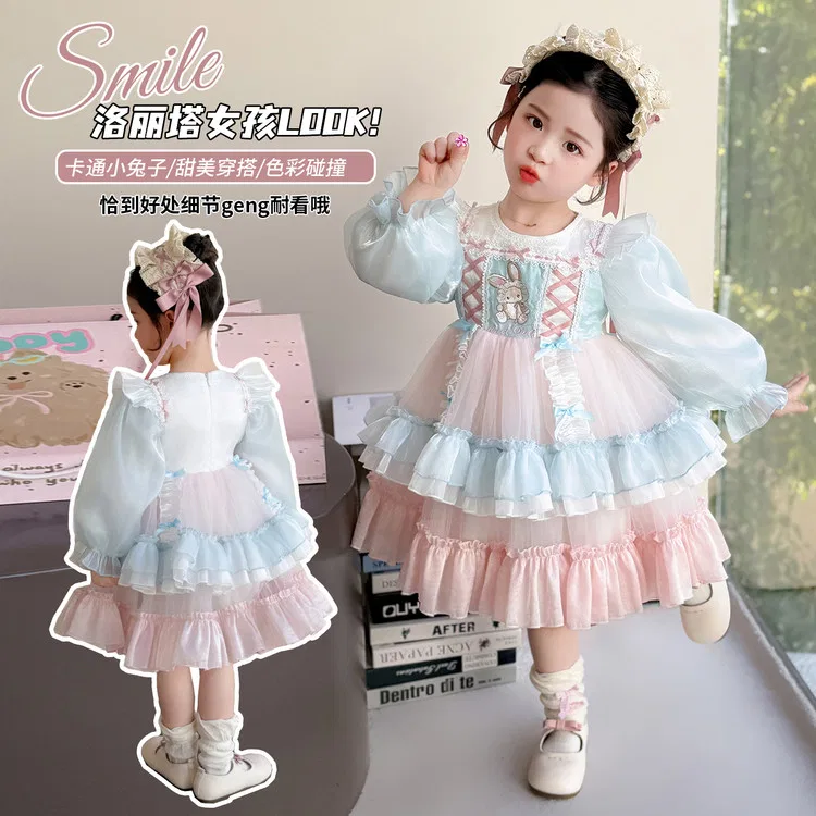 Детское платье для девочек с принтом Lanza, Pink Blue Rabbit Lolita Skirt — фото 3