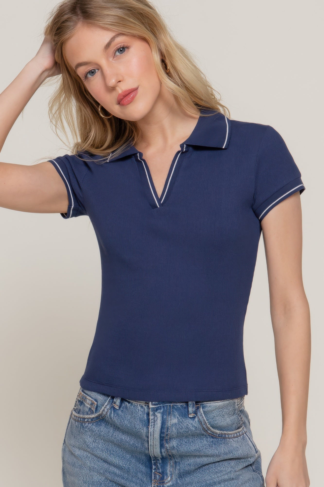 

FASHNZFAB Женский короткий топ-поло с отделкой Slv Line, темно-синий