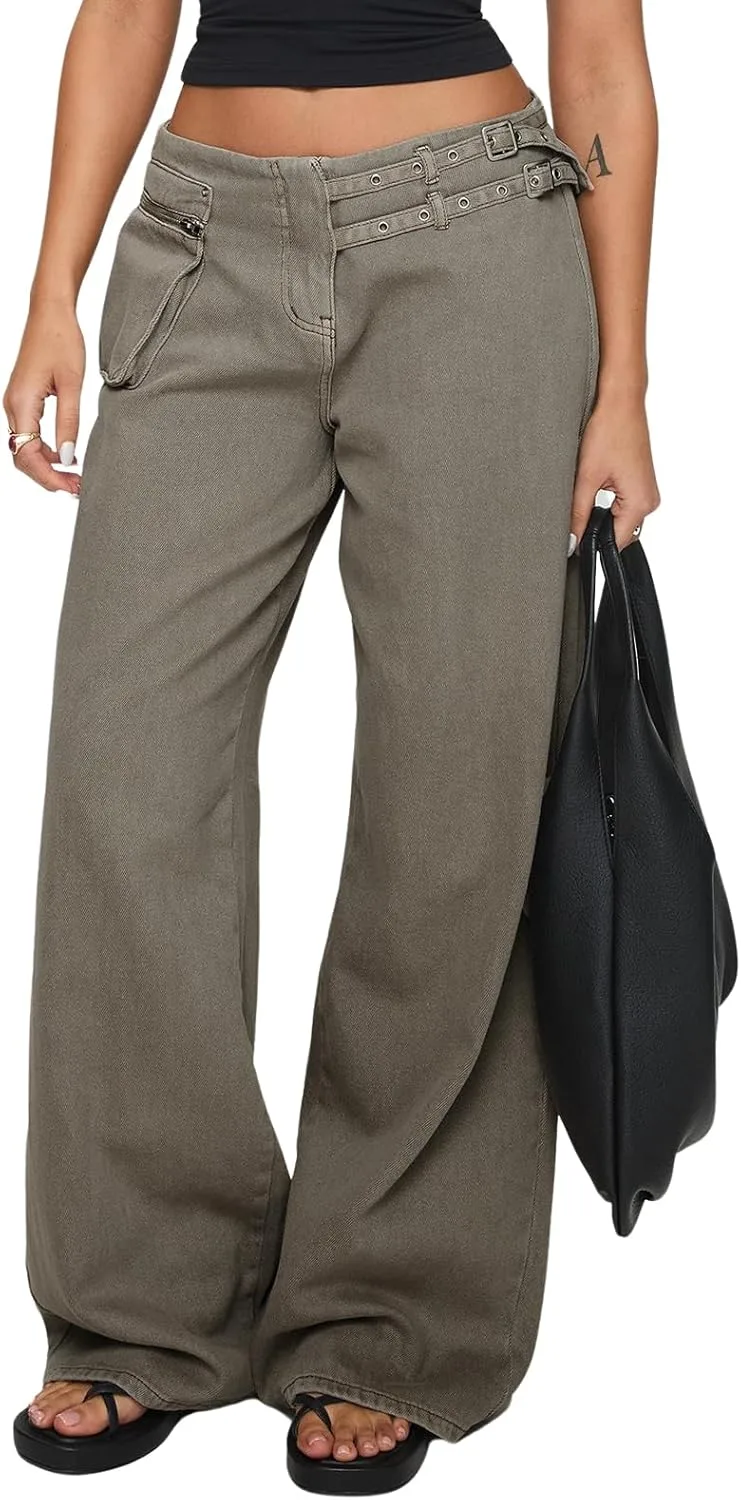 

ebossy Женские джинсы Low Rise Wide Leg с регулируемой пряжкой на поясе