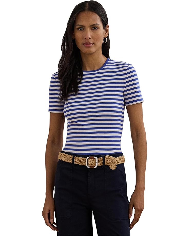 

Футболка Lauren Ralph Lauren Petite Striped Stretch Cotton Crewneck Tee, цвет Blue Lapis/White