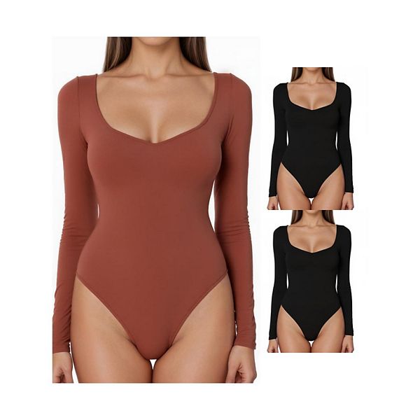 

3 упаковки женского боди с длинным рукавом slim fit v-образным вырезом для контроля живота Inspire Chic, Black Brown