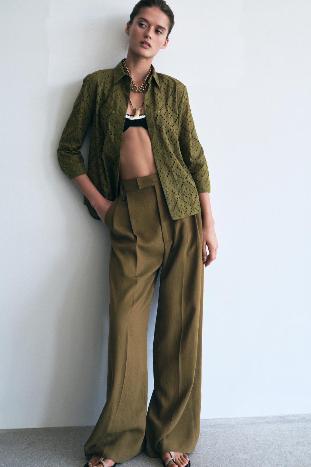 

Рубашка с ажурной вышивкой ZARA, оливково-зеленый