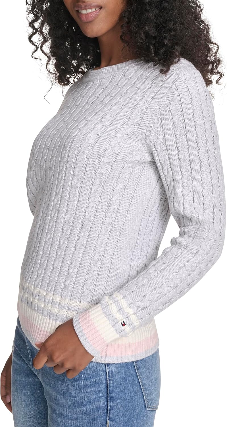 Женский хлопковый свитер Tommy Hilfiger с круглым вырезом и косами, Pearl Heather Grey Multi — фото 3
