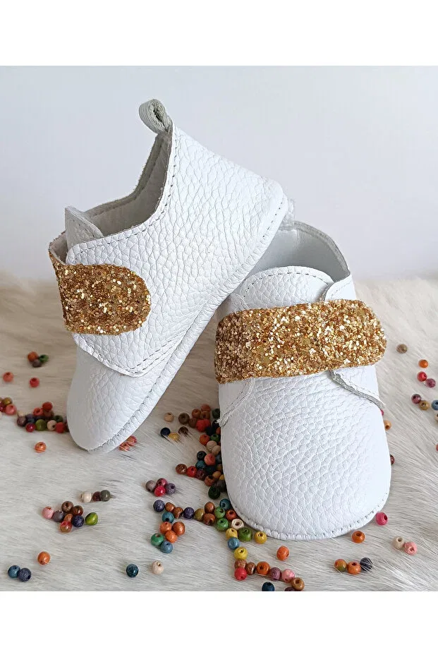 Детские кожаные пинетки для девочек с принтом Juno gold stone genuine leather baby shoes Hodore, Gold Stones — фото 3