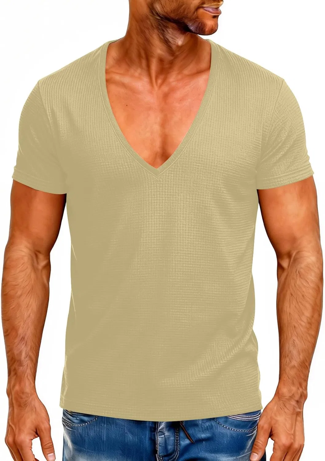 Мужская футболка с вафельным узором V-образным вырезом, Beige — фото 4