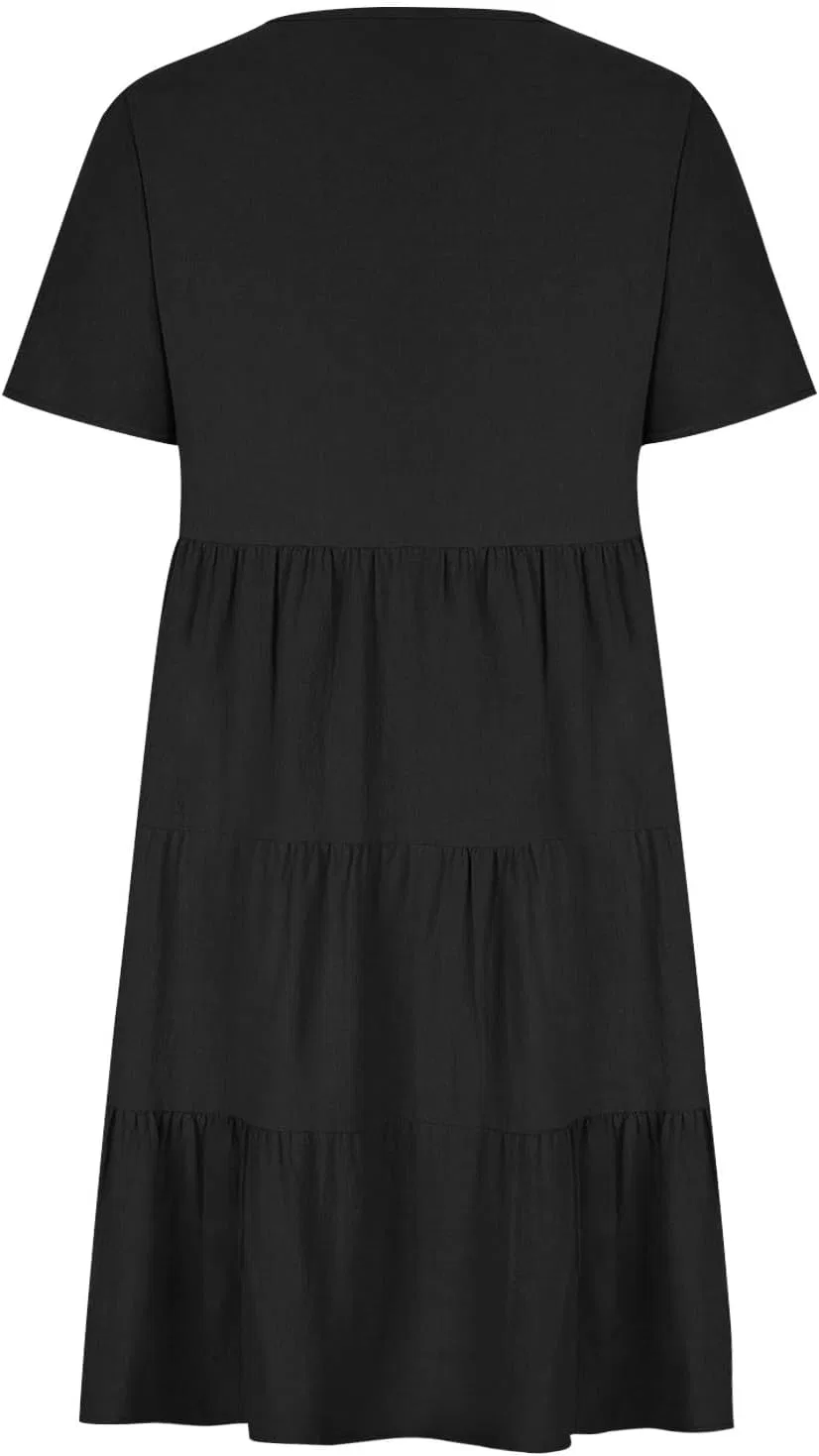 Женское свободное платье с V-образным вырезом из хлопка и льна, Black — фото 4