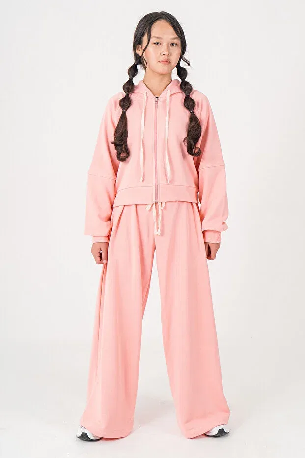 Детский комплект для девочек из футера с капюшоном Oversized cut hooded girls' tracksuit set- 26k 6502 Kinderos, Pink — фото 2