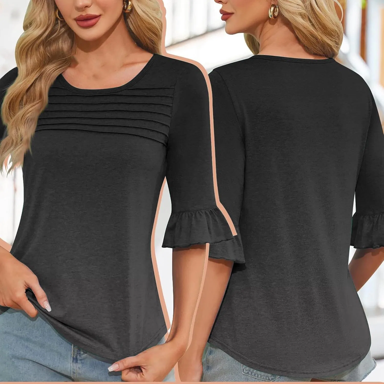 Женская футболка с длиной рукава 3/4 Bell Sleeve Tunic Top, Gray — фото 2