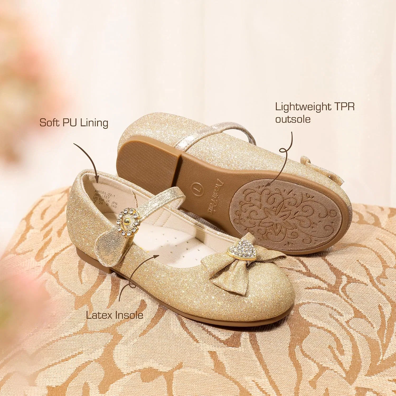 Детские балетки для девочек с бантом Mary Jane DREAM PAIRS, Gold/Glitter — фото 4